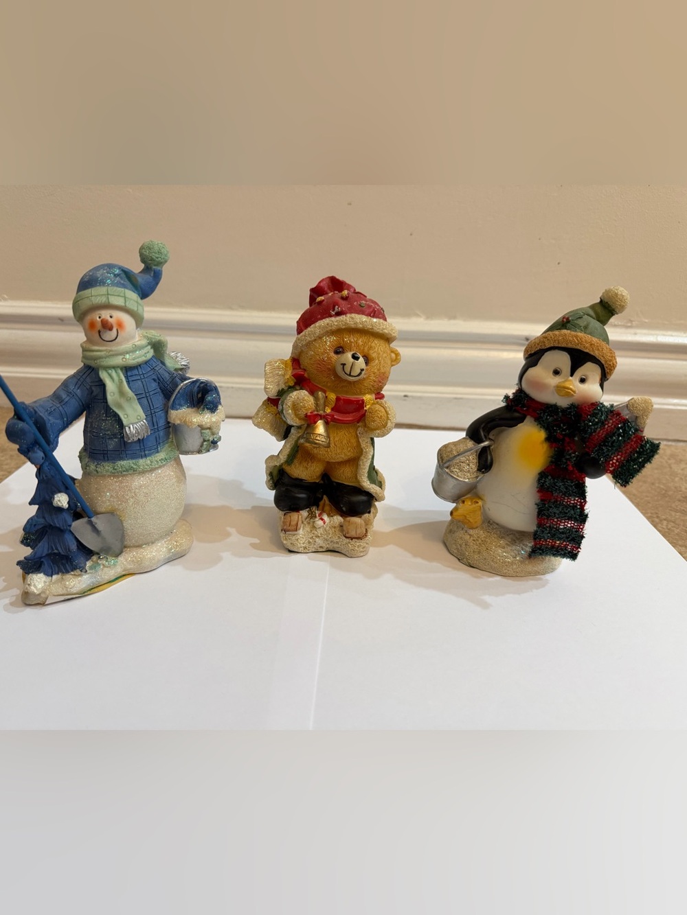 Set Of 3 Christmas Figurines Polystone Bear Snowman Penguin